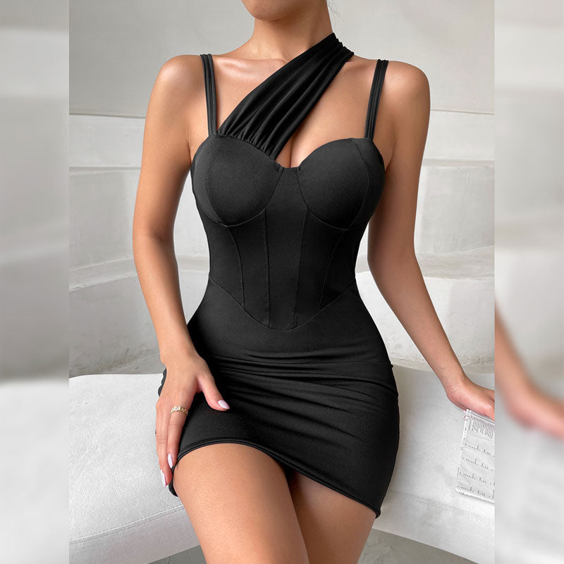 Solid Oblique Shoulder Spaghetti Strap Mini Dress