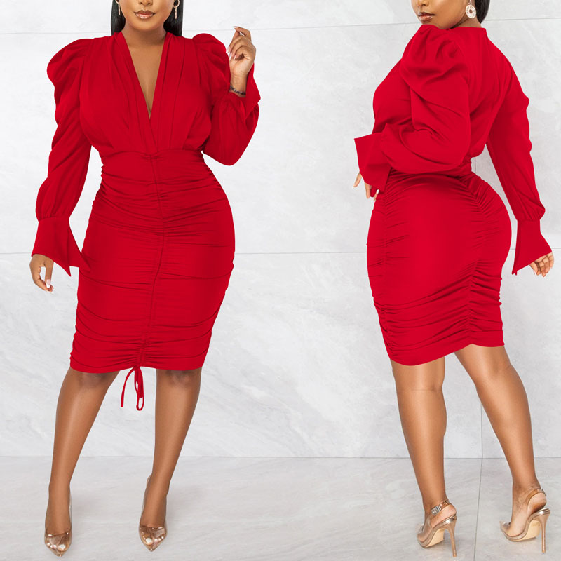 Solid V-Neck Puff Sleeve Ruched Bodycon Dress