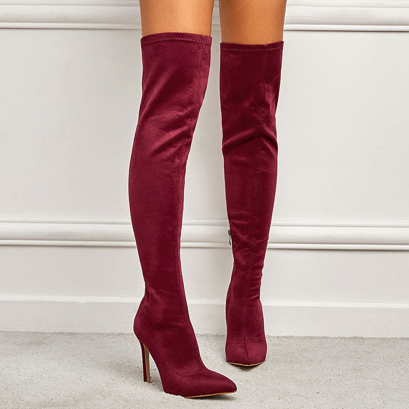 Suede Pointed Toe Thin Heeled Knee-High Boots