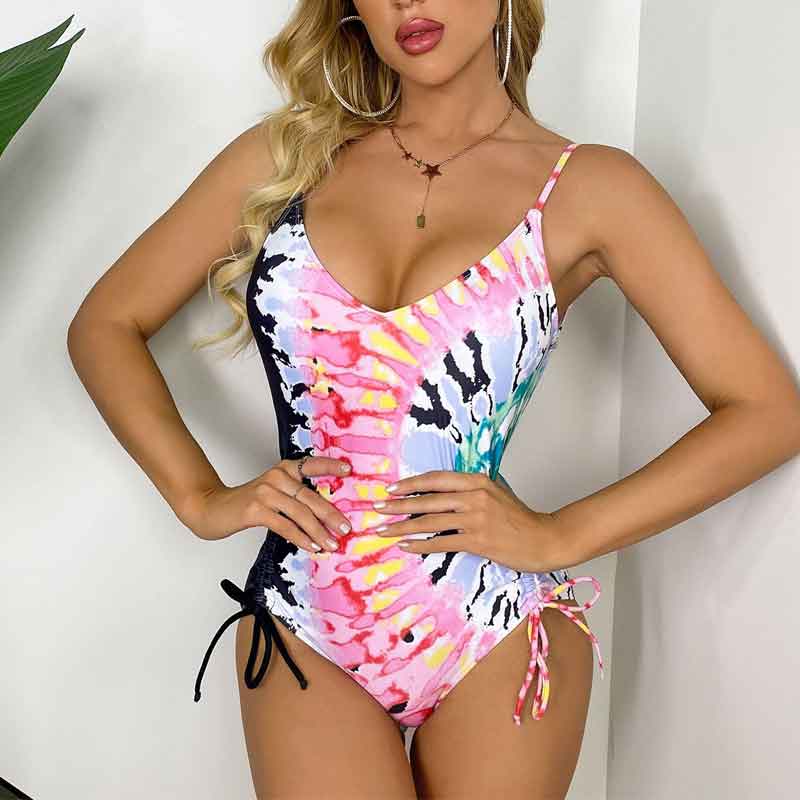 Tie Dye Print Drawstring One Piece Swimsuit