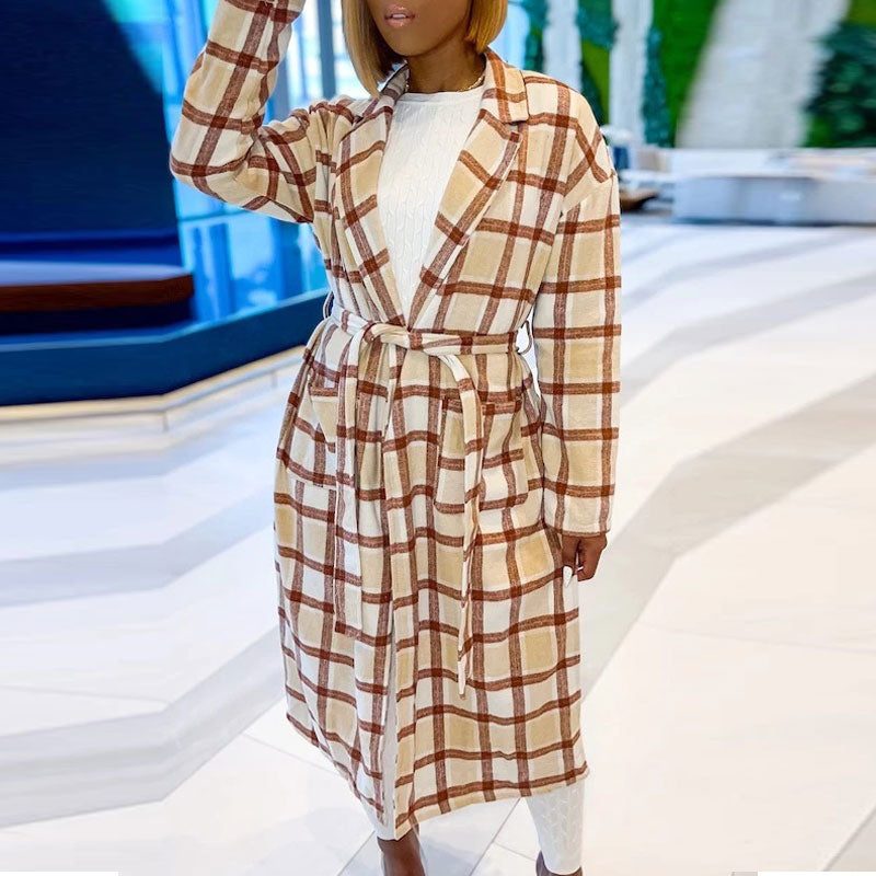 Plaid Pattern Long Sleeve Belted Long Coat