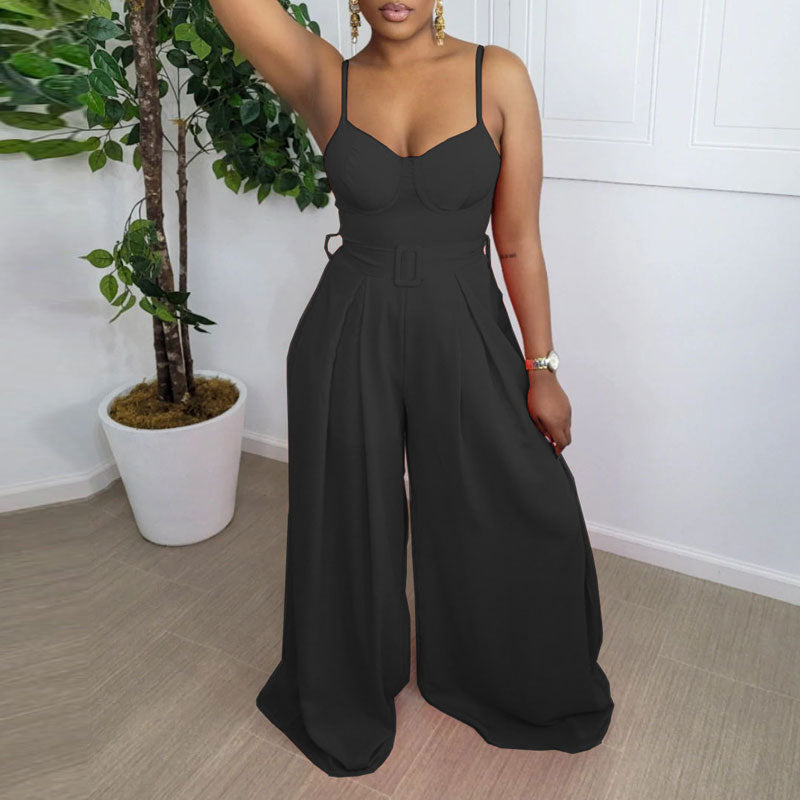 Solid Sleeveless Belted Spaghetti Strap Wide Leg Jumpsuit