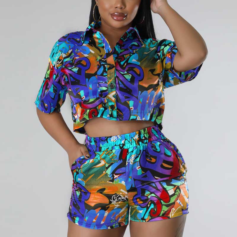 Multi Print Short Sleeve 2PCS Shorts Set