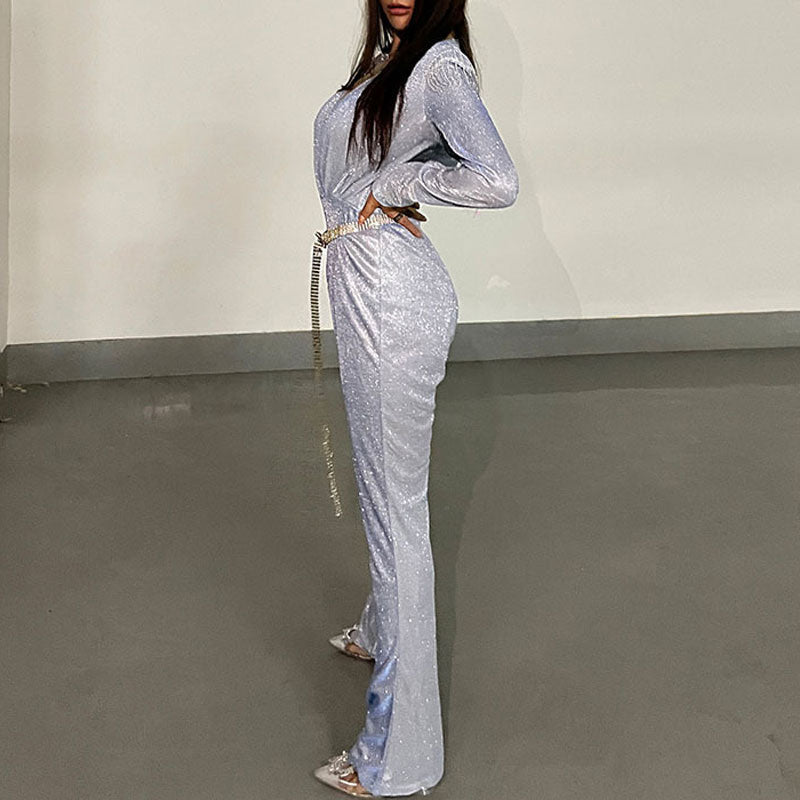 Glitter Deep V-Neck Long Sleeve Tassel Design Jumpsuit With Rhinestone Belt