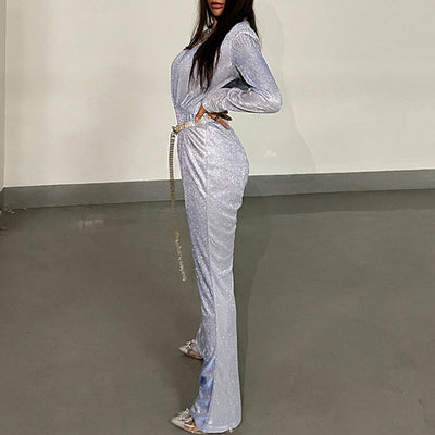 Glitter Deep V-Neck Long Sleeve Tassel Design Jumpsuit With Rhinestone Belt