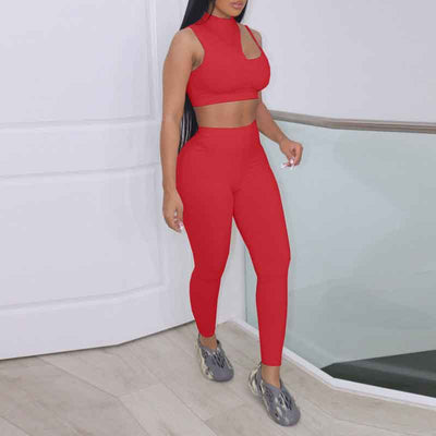 Solid Sleeveless Cut Out Crop Top & Pants Set