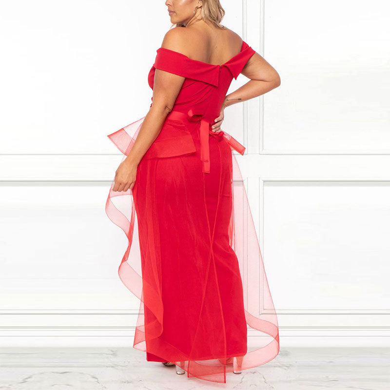 Solid Off Shoulder Sleeveless High Slit Tulle Plus Size Dress