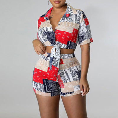 Paisley Pattern Short Sleeve Tied Blouse & Shorts Set