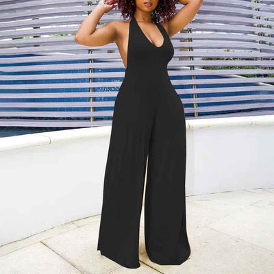 Solid Deep V-Neck Halter Wide Leg Jumpsuit