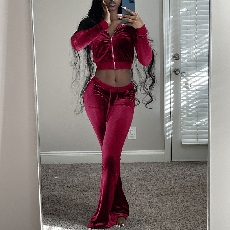 Solid Velvet Long Sleeve Crop Top & Pants Set