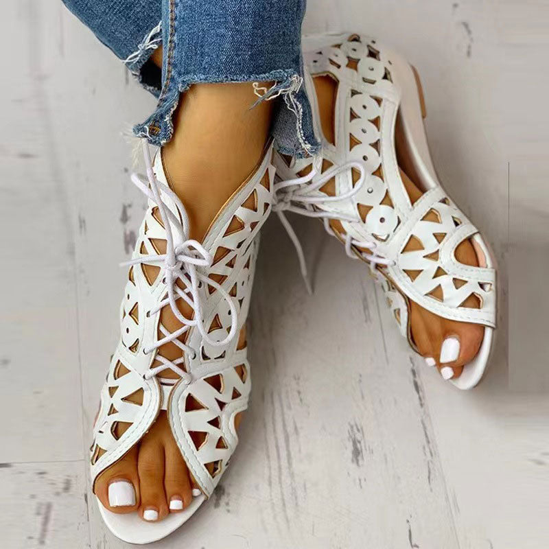 Solid Hollow Out Lace Up Flat Sandals