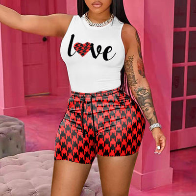 Letter Print Houndstooth 2PCS Shorts Set