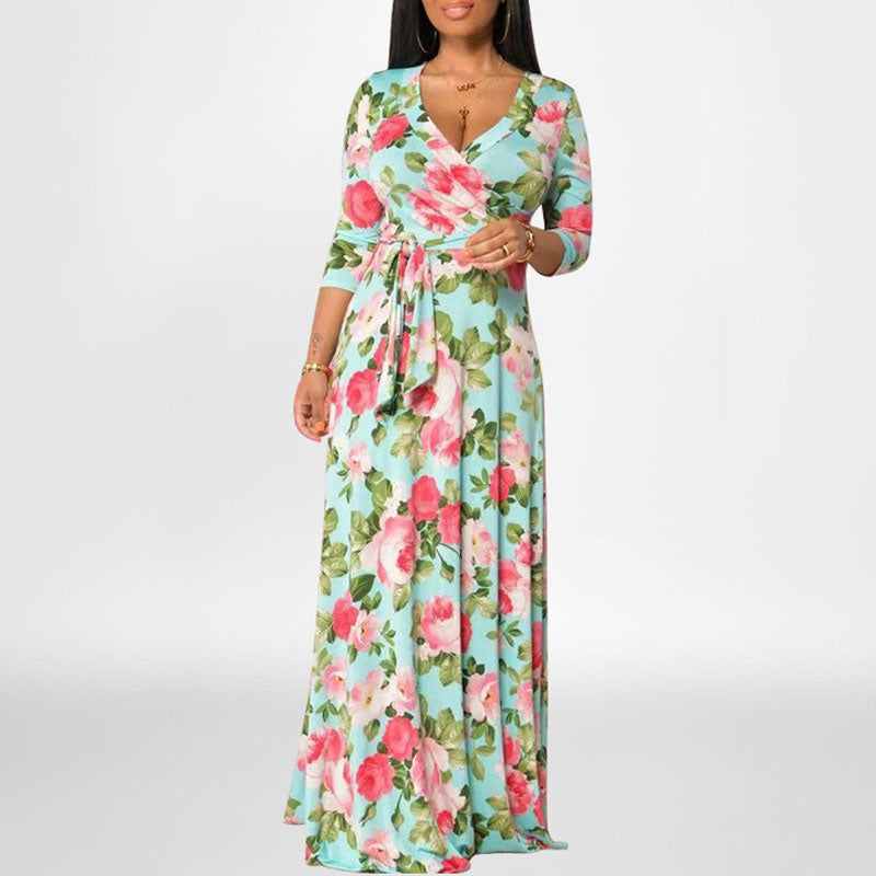 Floral Print V-Neck Long Sleeve Maxi Dress