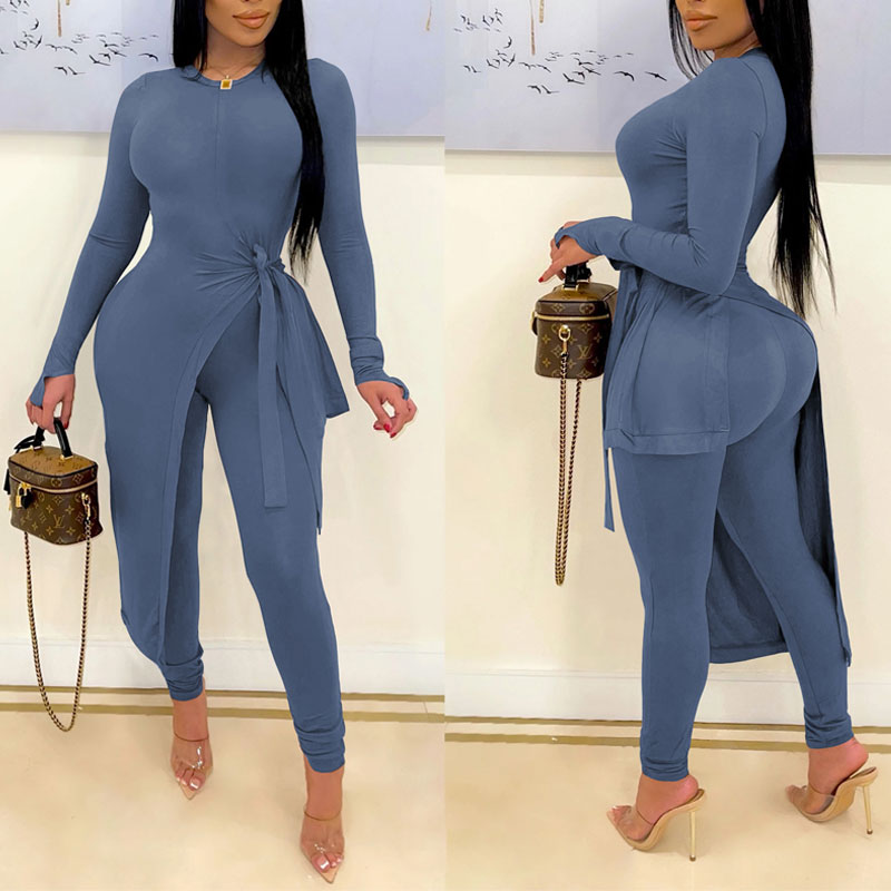 Solid Long Sleeve High Slit Top & Pants Set