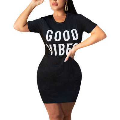 Letter Print Round Neck Bodycon Dress