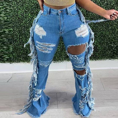 High Waist Ripped Tassel Denim Pants