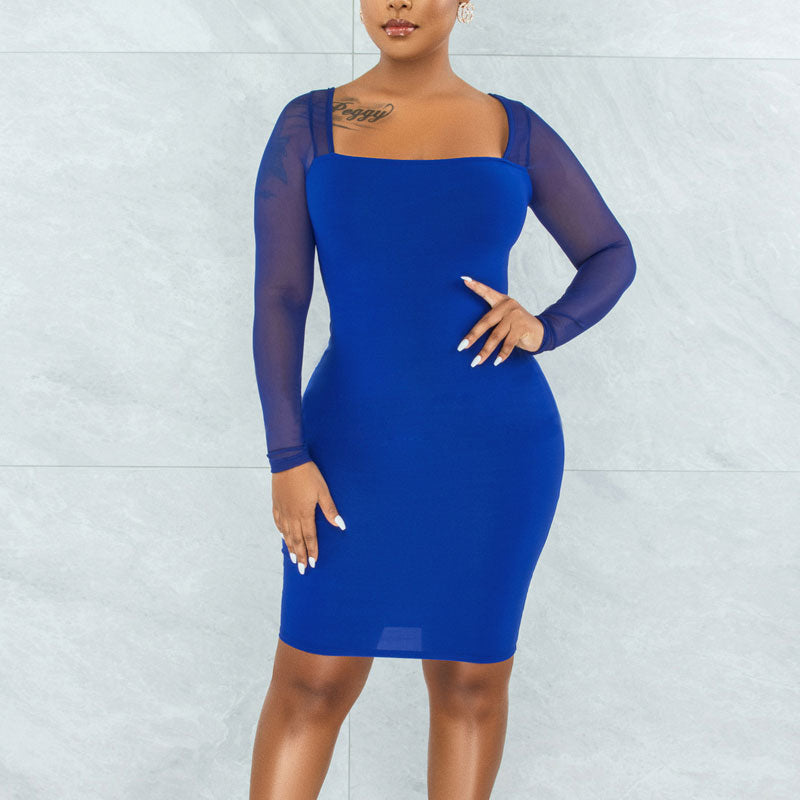 Solid Square Neck Long Sleeve Sheer Mesh Bodycon Dress