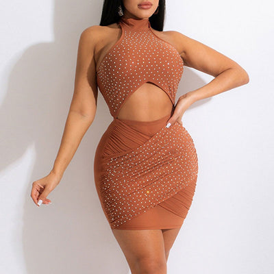 Rhinestone Sleeveless Halter Hollow Out Bodycon Dress