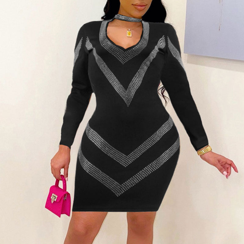 Rhinestone Long Sleeve Cut Out Bodycon Dress