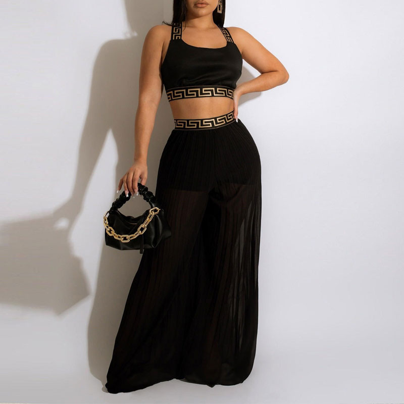 Print Sleeveless Crop Top & Wide Leg Pants Set