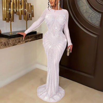 Rhinestone Long Sleeve Sheer Mesh Floor Length Dress