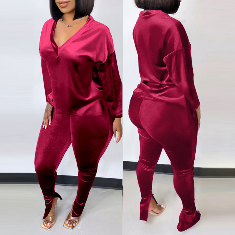 Solid V-Neck Long Sleeve Top & Slit Pants Set