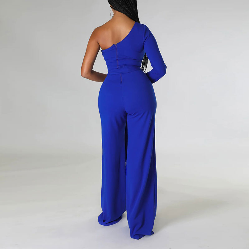 Solid One Shoulder Feather Design Belted Jumpsuit