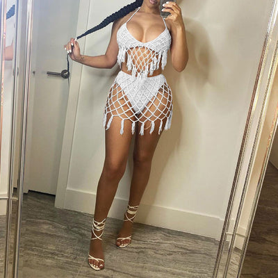 Solid Knitted Hollow Out Tassel Design Two Piece Swimsuit Set