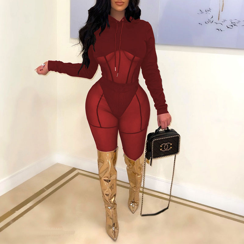 Solid Long Sleeve Sheer Mesh Patchwork Jumpsuit