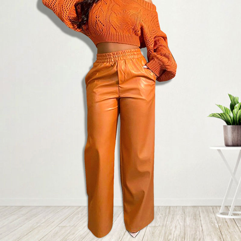 Solid High Waist PU Leather Wide Leg Pants