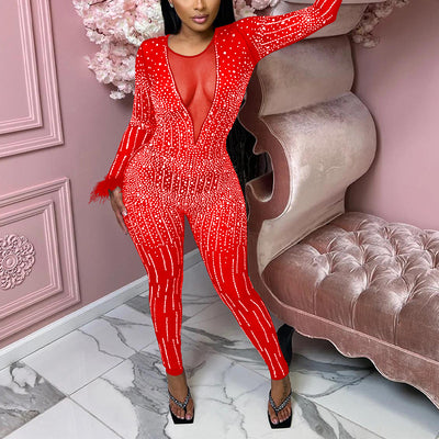 Rhinestone Sheer Mesh Feather Design Jumpsuit