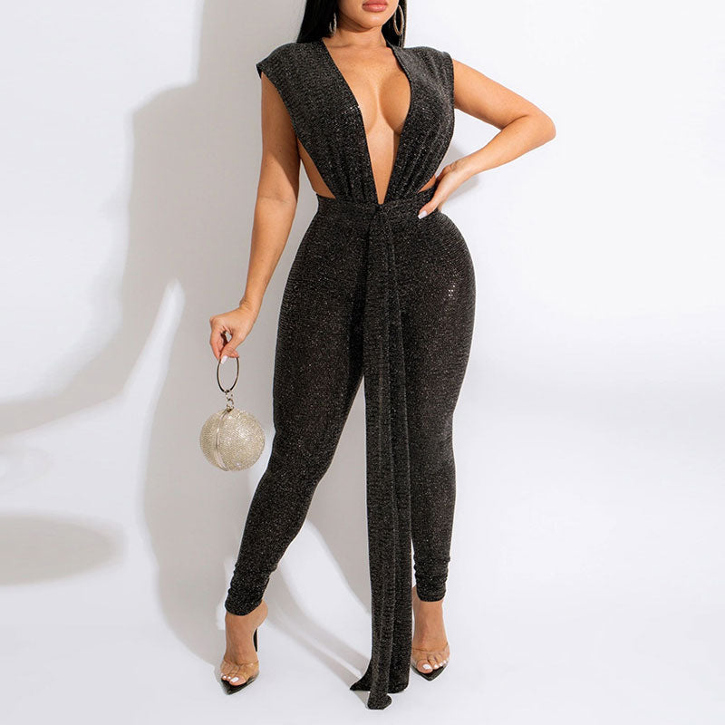 Glitter Deep V-Neck Sleeveless Skinny Jumpsuit