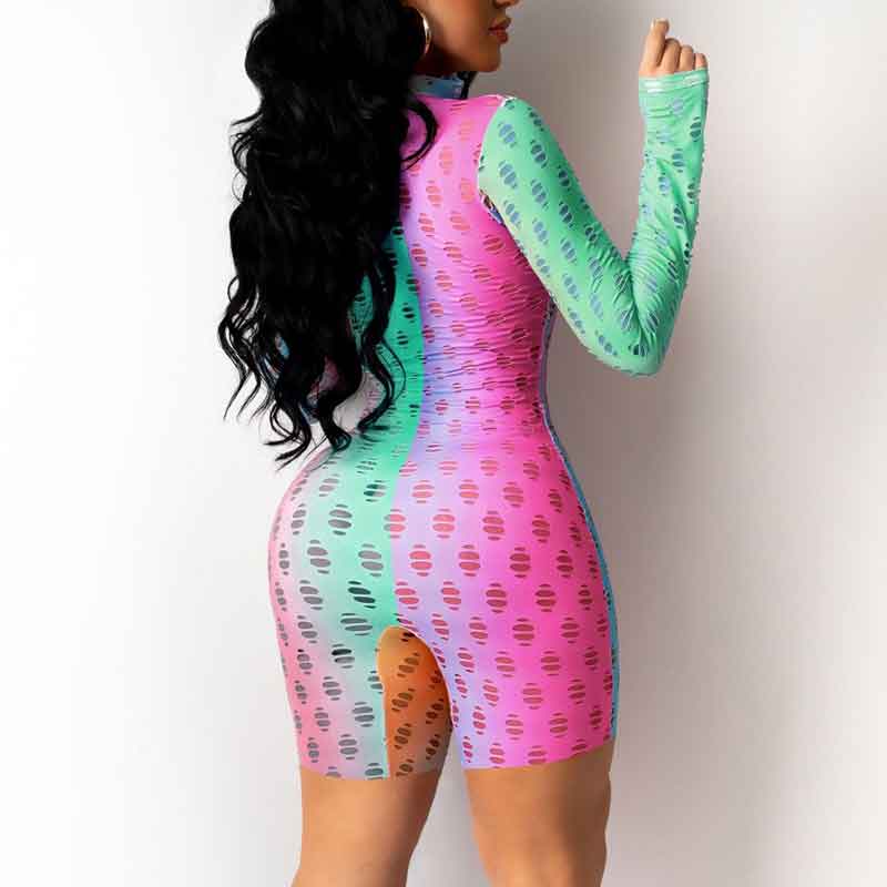 Colorblock Long Sleeve Hollow Out Romper