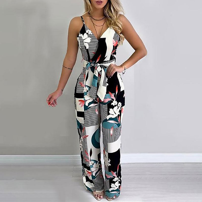 Floral Print Sleeveless Belted Jumpsuit