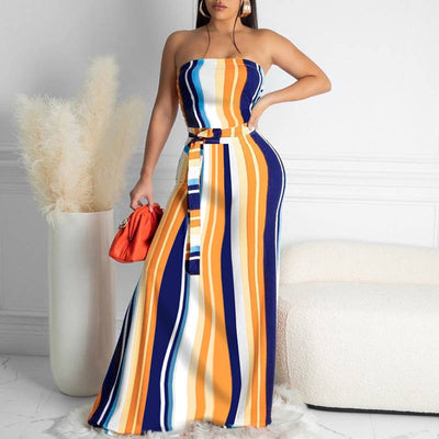 Stripe Pattern Off Shoulder Loose Maxi Dress