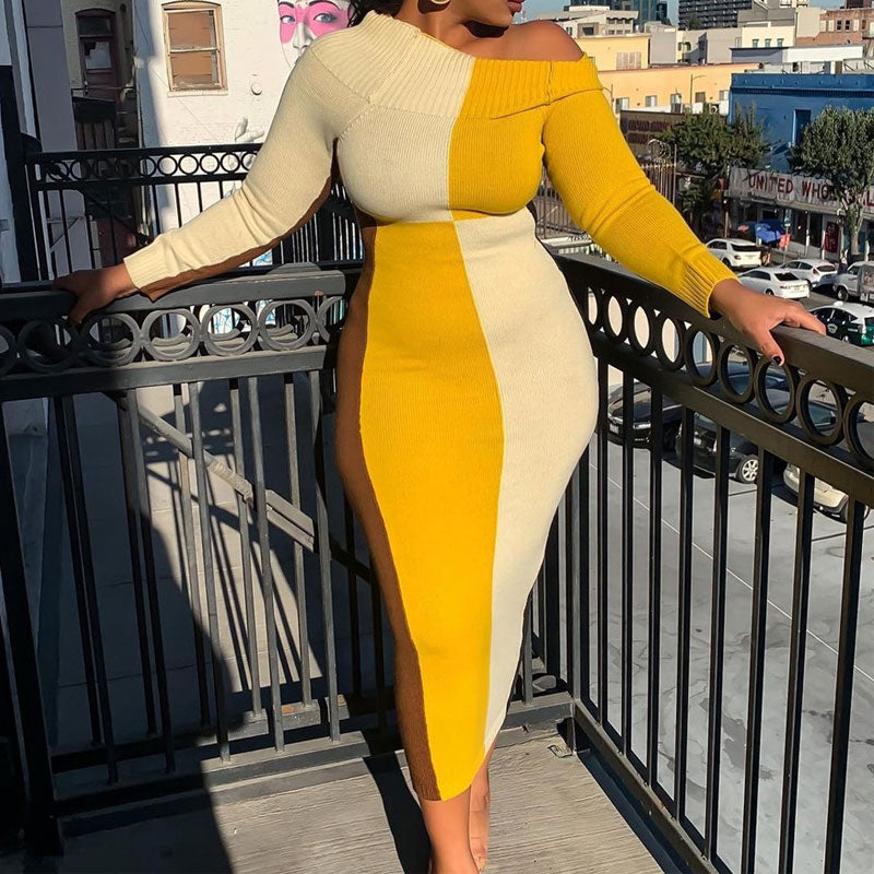 Colorblock Oblique Shoulder Long Sleeve Dress