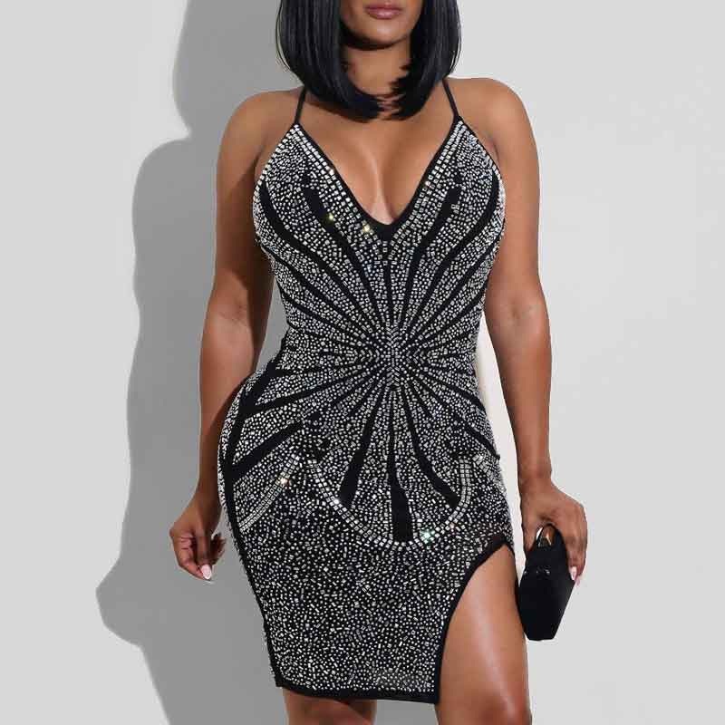 Rhinestone V-Neck Sleeveless Slit Dress