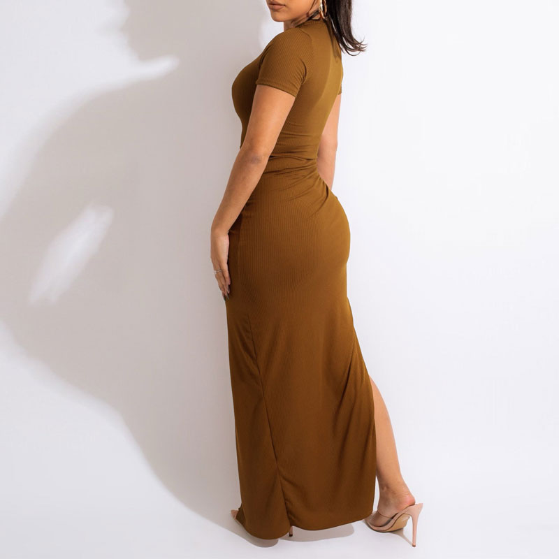 Solid Short Sleeve Drawstring Maxi Dress