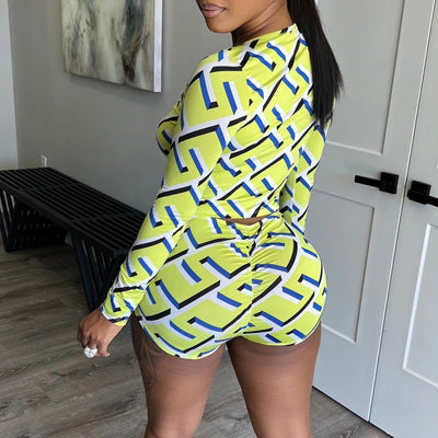 Print Long Sleeve Slit Top & Shorts Set