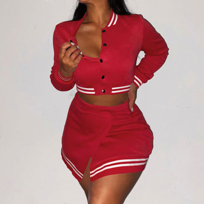 Stripes Pattern Long Sleeve Baseball Coat & Skirt Set