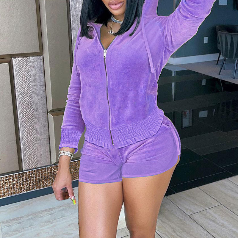 Solid Long Sleeve Hoodie Velvet Top & Shorts Set