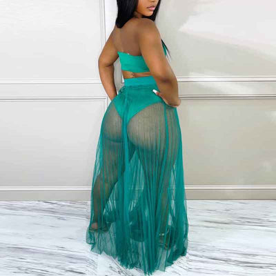 Solid Sleeveless Tube Top & Sheer Mesh Skirt Set