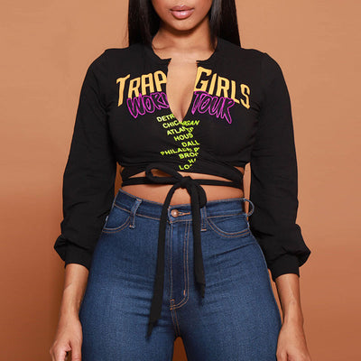 Letter Print V-Neck Long Sleeve Bandage Crop Top