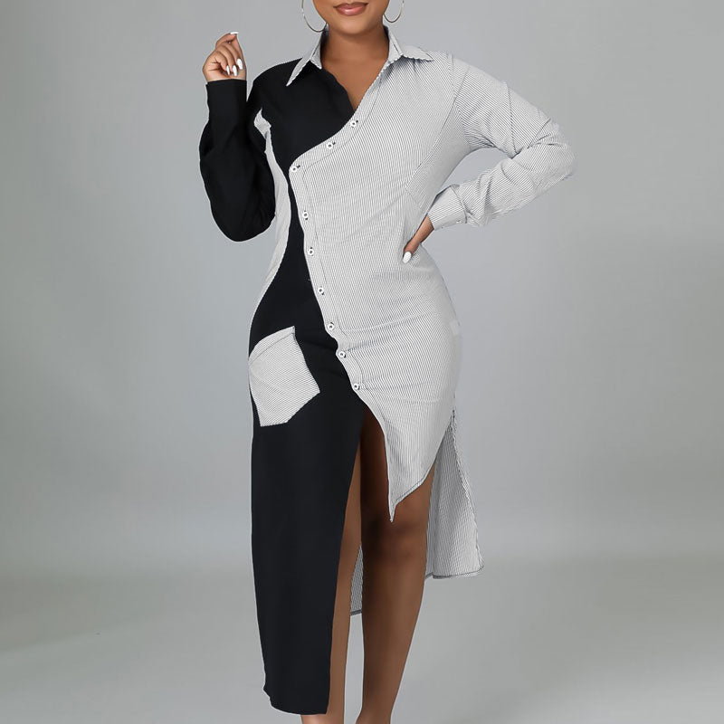 Colorblock Long Sleeve Pocket Design Irregular Dress