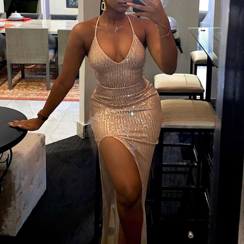 Sequins Sleeveless Halter Bandage Backless High Slit Dress