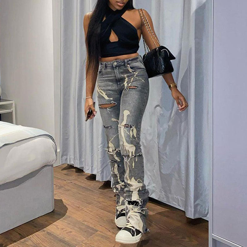 Print High Waist Cut Out Elastic Denim Pants