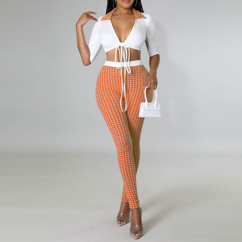 Houndstooth Print Tied Crop Top & Pants Set