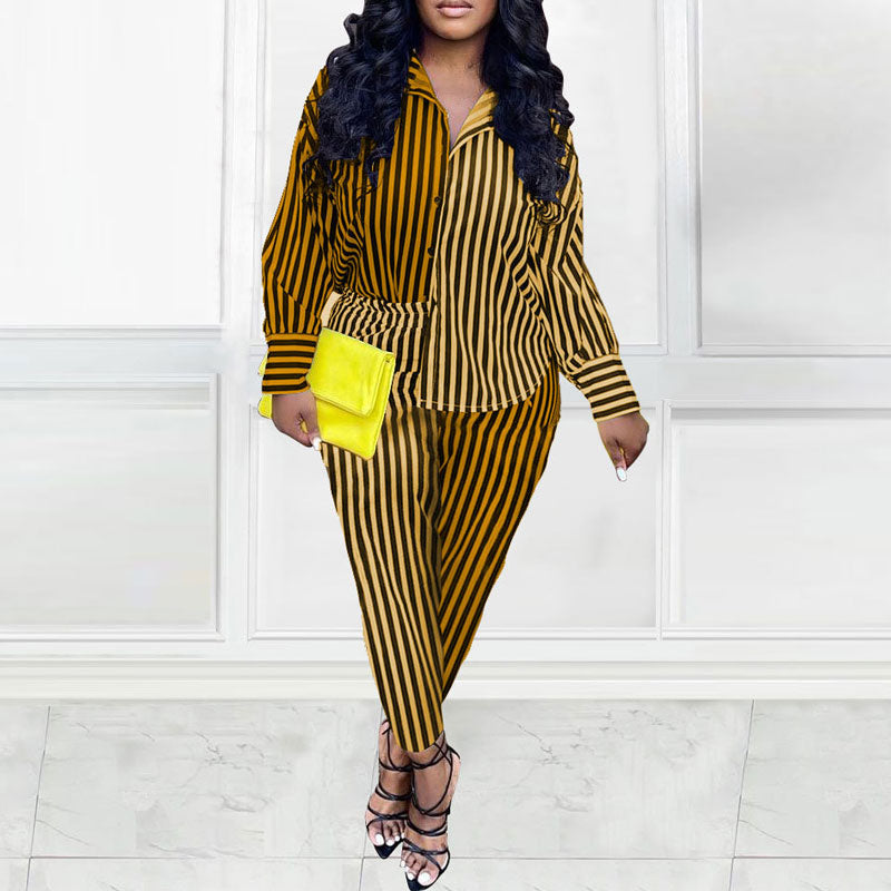 Striped Pattern Long Sleeve Button Detailed Blouse & Pants Set