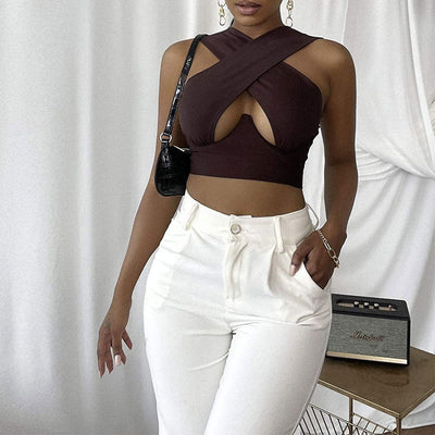 Solid Sleeveless Halter Cut Out Crop Top