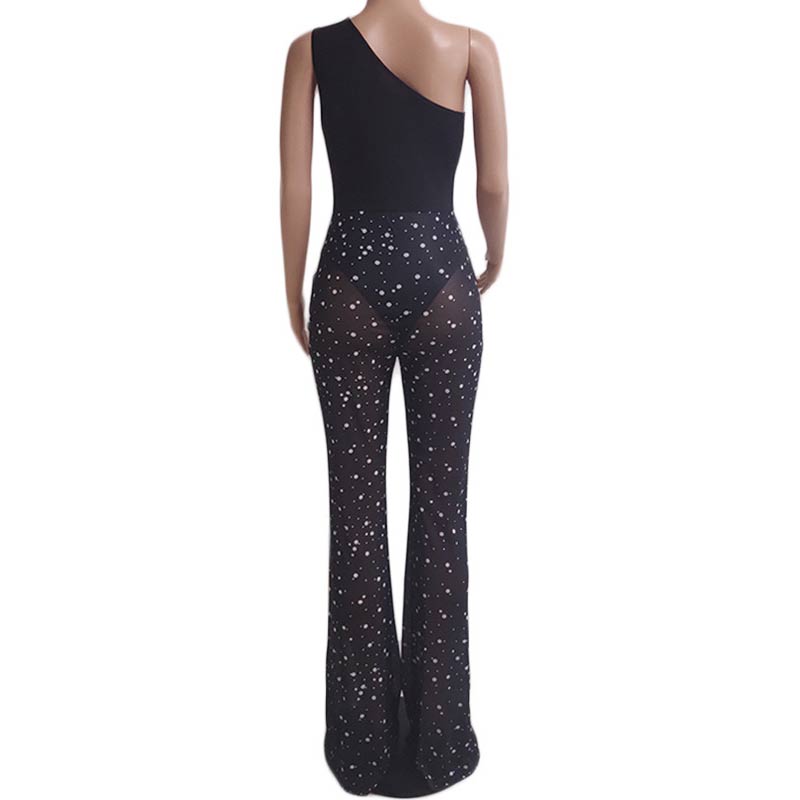 Dot Print One Shoulder Sleeveless Sheer Mesh Jumpsuit